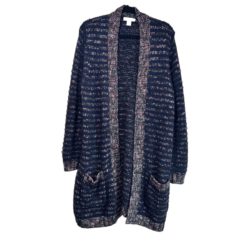 Christopher&Banks‎ womens open front Knit cardigan sweater Blue Pink Purple Sz L